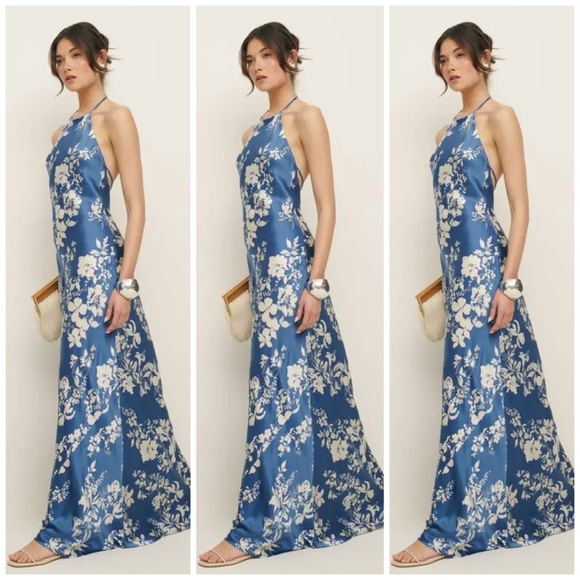 Reformation Jeany Silk Maxi Dress Cyanotype Blue Floral Halter Gown - LARGE - Picture 1 of 11